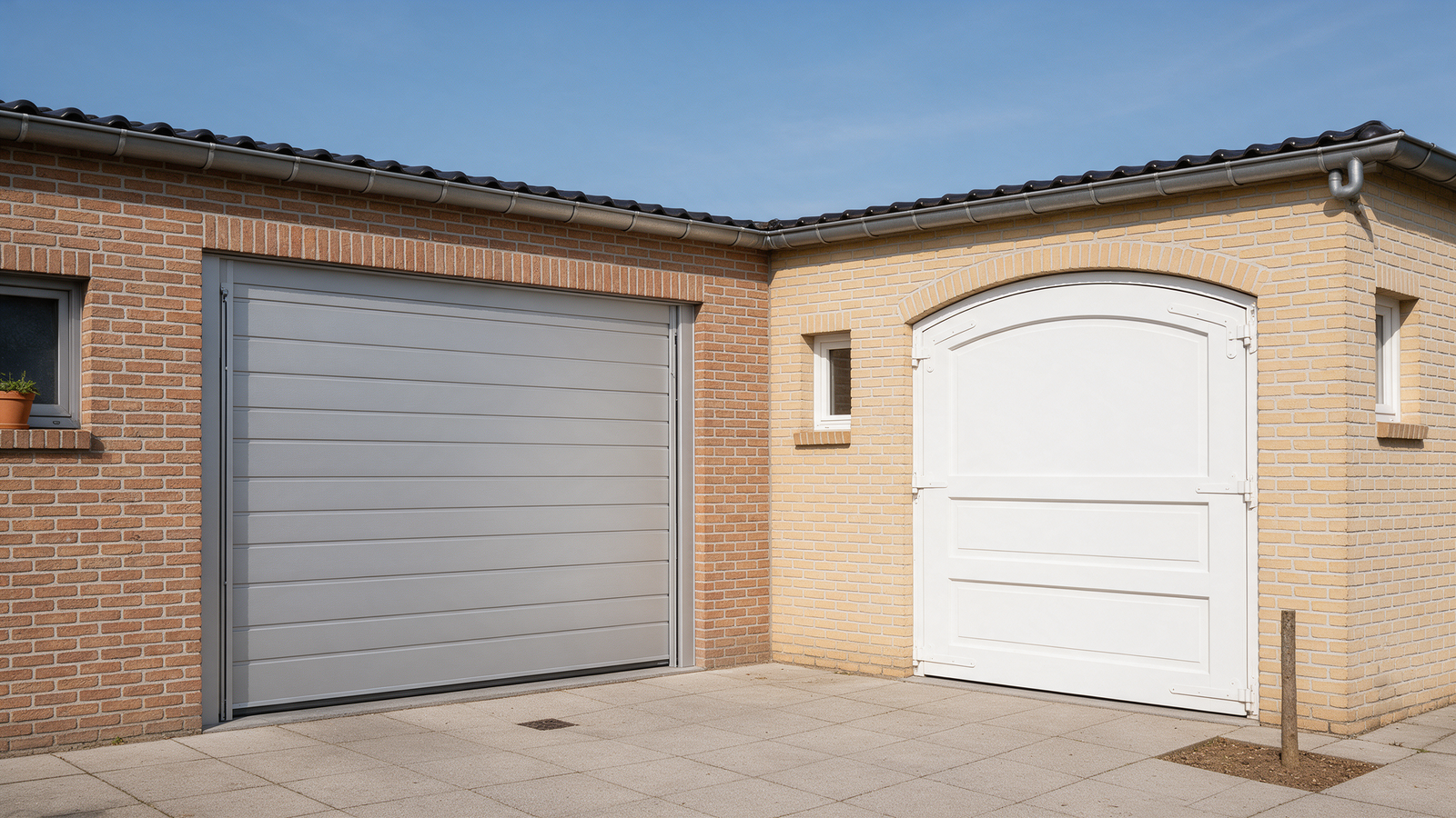 Vergelijking sectionale garagepoort en kantelpoort op een woning in Geraardsbergen